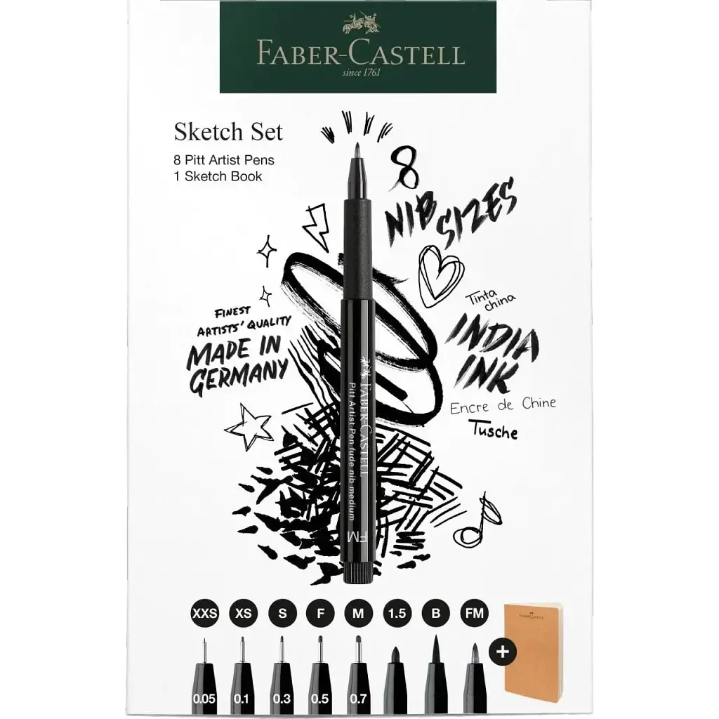Лайнер Faber-Castell набір ручок капілярних та блокнот Sketch Set колір чорний (XXS, XS, S, F, M, 1,5, B, FM) (32468) - фото 4