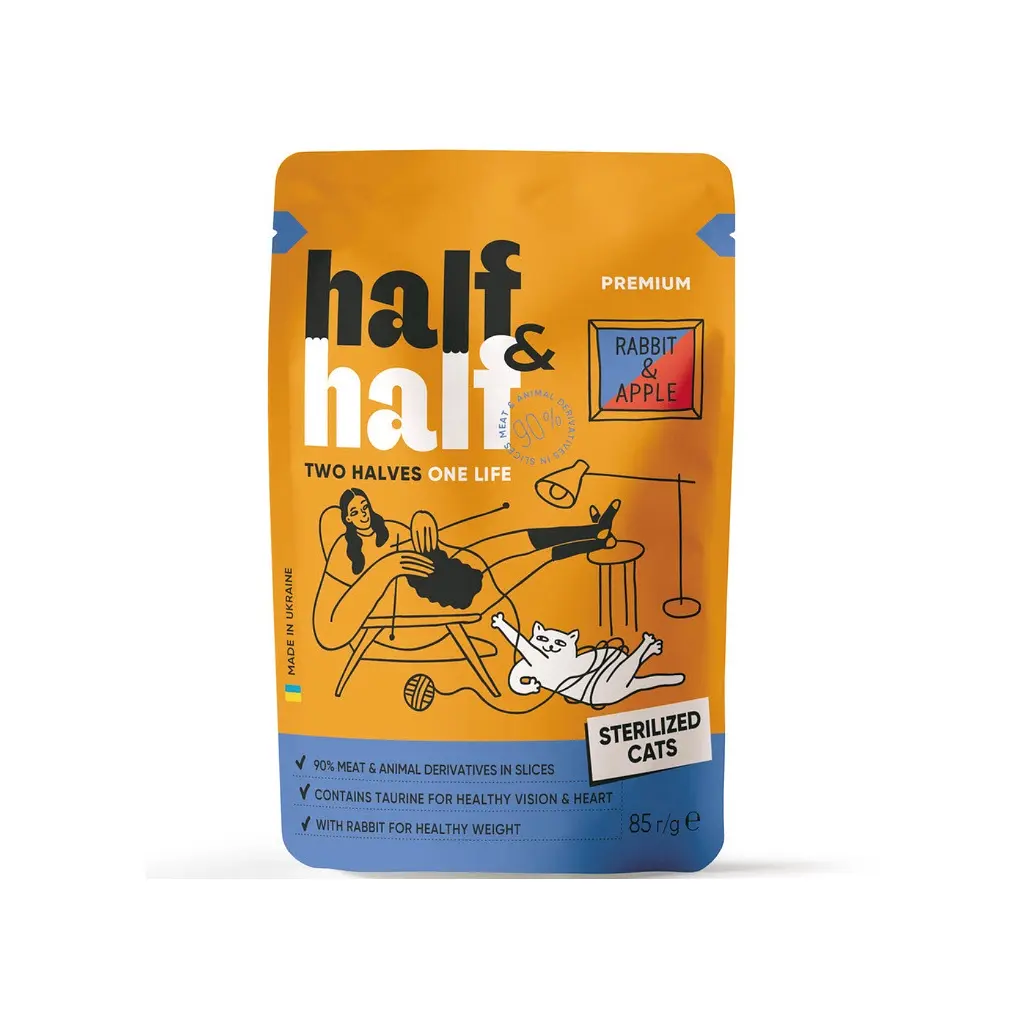 Вологий корм для кішок Half&Half для стерилізованих з кроликом та яблуком в желе 85 г (4820261921892)