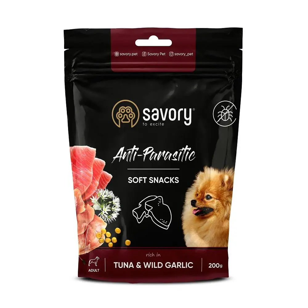 Функціональні м’які ласощі Savory з антипаразитарним ефектом для собак, тунець і дикий часник, 200 г