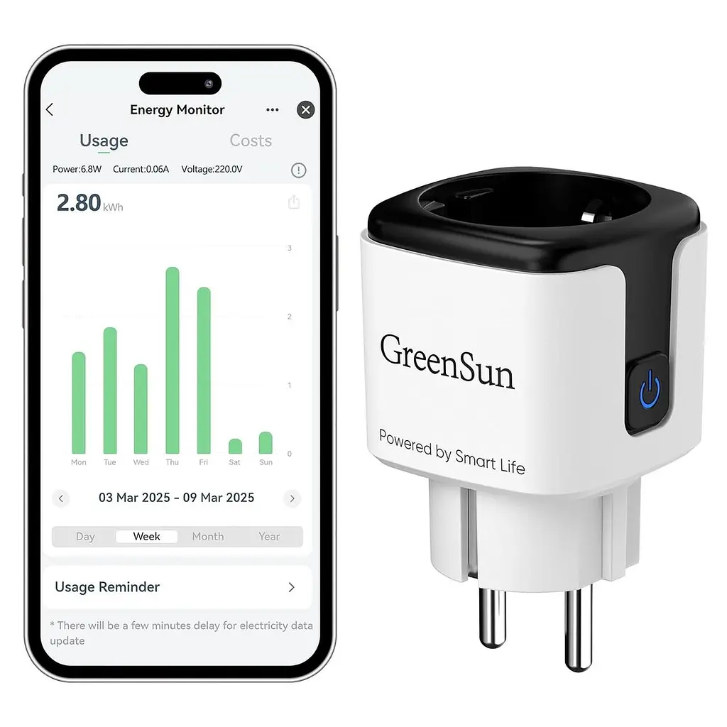 GreenSun WiFi розетка-лічильник електроенергії 16A 2.4G (Smart Life), чорна