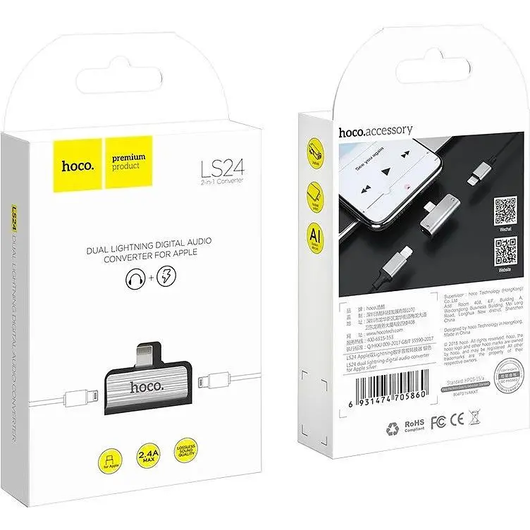Перехідник Hoco Lightning to lightning audio/lightning charging LS24 2A - фото 2