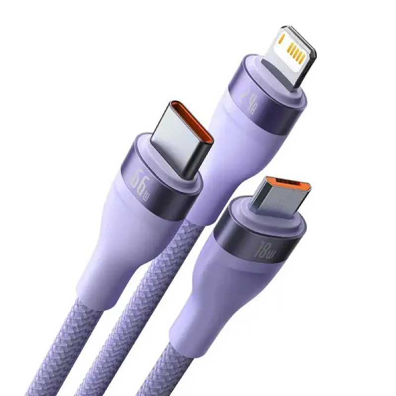 Кабель Baseus Flash Series II One-for-three Fast Charging Data Cable USB to M+L+C 66W 1.2 м Purple - фото 3