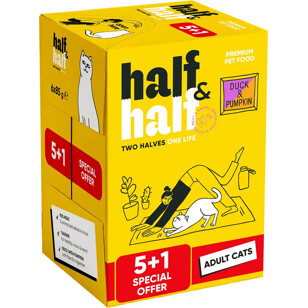 Набір вологих кормів 5+1 Half & Half з качкою та гарбузом в соусі для дороcлих котів 6 шт. х 85 г - фото 2