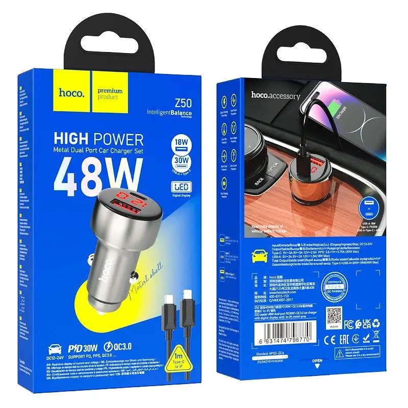 Адаптер автомобільний Hoco Type-C to Lightning Cable Leader dual-port Car charger with digital display set Z50 |1USB/1Type-C, - фото 3