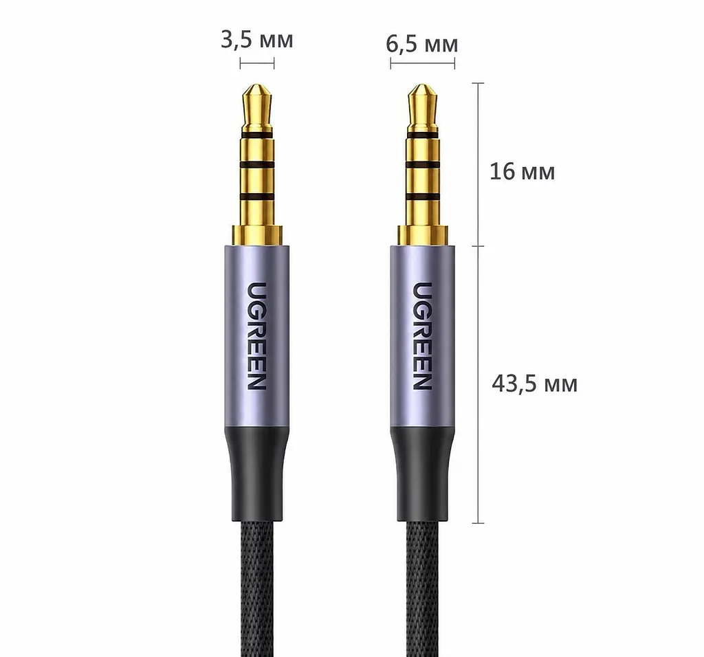 Аудіокабель UGREEN AV183 2 м AUX mini-jack зі штекерами 3,5 мм TRRS з обох кінців для передачі стереозвуку та сигналу мікрофона для мікрофона потрібні TRRS-гнізда з узгодженим розведенням контактів вузькі корпуси штекерів для підключення крізь тонкий чохол подвійне екранування нейлонове обплетення чорний із синьо-сірими корпусами штекерів та золотистими контактами (20782) - фото 2