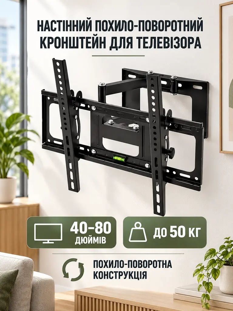 Настінний кронштейн для телевізора 40–80 дюймів похило-поворотний до 50 кг VESA 200×200–400×600 мм, чорний (49676109) - фото 2