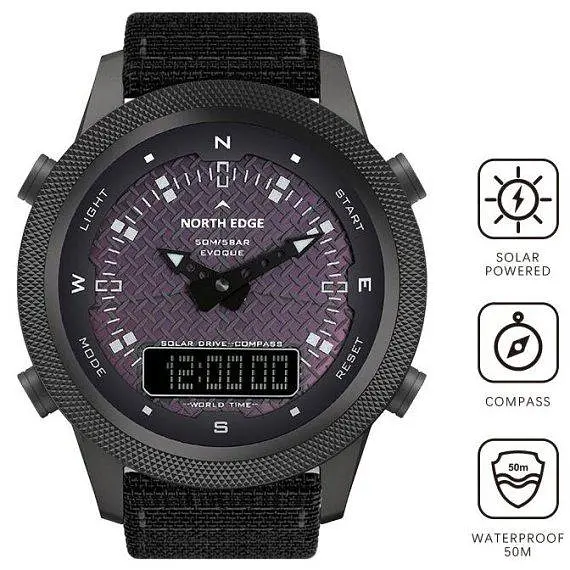 Чоловічий водостійкий тактичний наручний годинник North Edge Solar Compass (Чорний) - фото 3