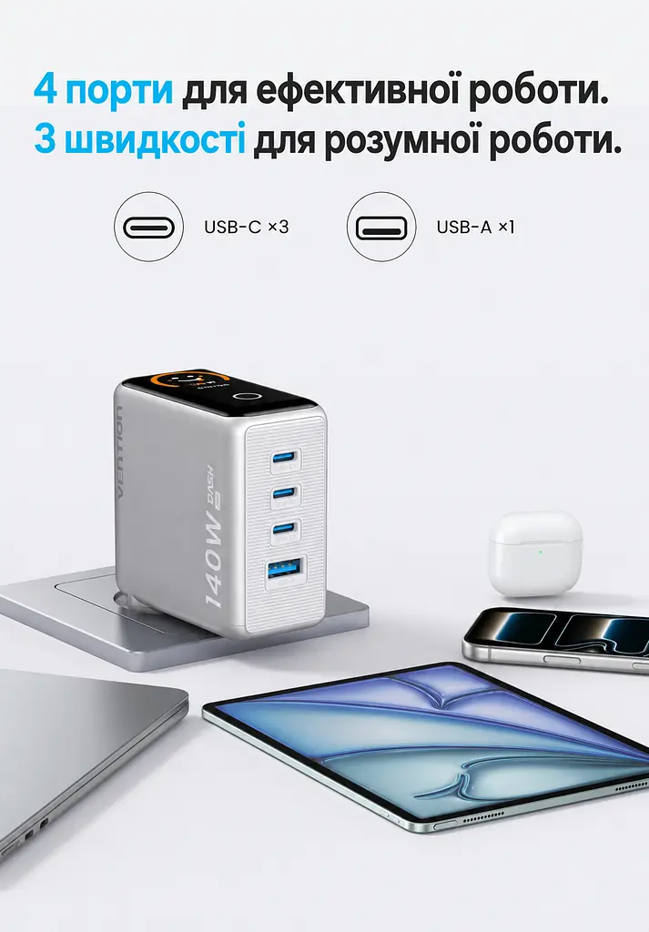 Мережевий GaN зарядний пристрій Vention Dash Pro до 140 Вт 3 USB-C + 1 USB-A сріблястий (TZ-FCOI0-EU) - фото 3