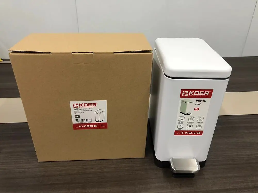 Відро для сміття з плавним закриттям прямокутне Koer TC-010210-08 10 л white KR5598, Білий матовий - фото 5