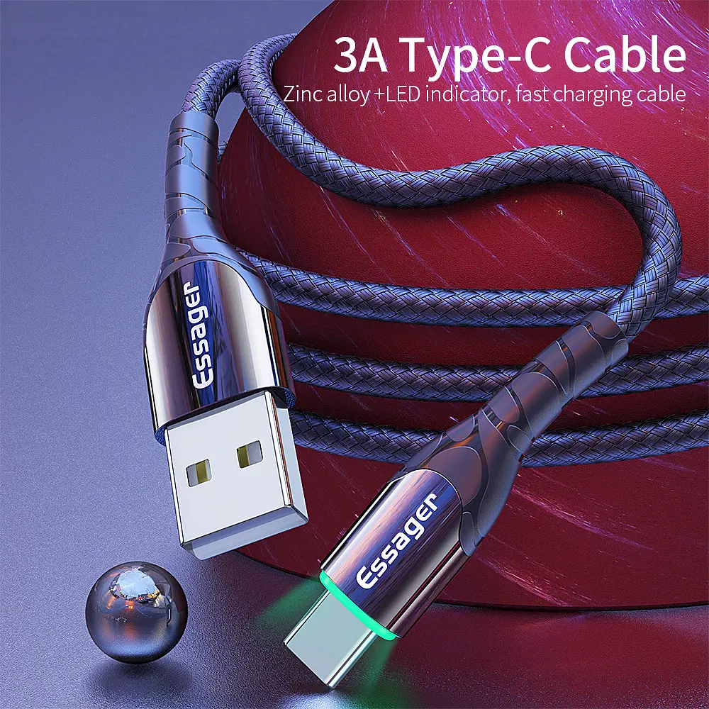 Зарядний кабель Zink чорний з підсвічуванням ESSAGER USB Type-C 3A 1метр - фото 2