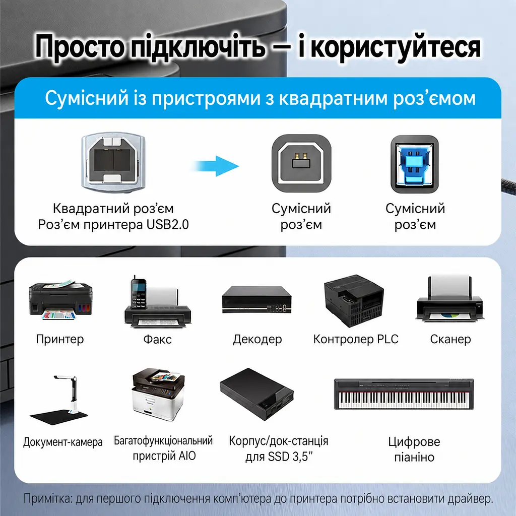 Кабель для принтера Vention CTTHL USB 2.0 USB-A - USB-B 10 м сірий (CTTHL) - фото 6