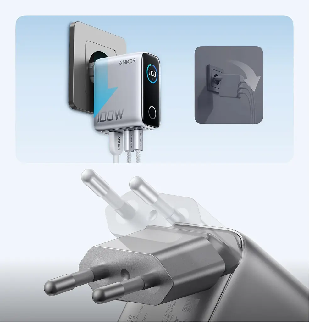 Мережевий зарядний пристрій Anker GaN Charger 100W, 2xUSB-C, 1xUSB-A, Display Silver (B121BG41) + кабель USB Type-C - фото 2