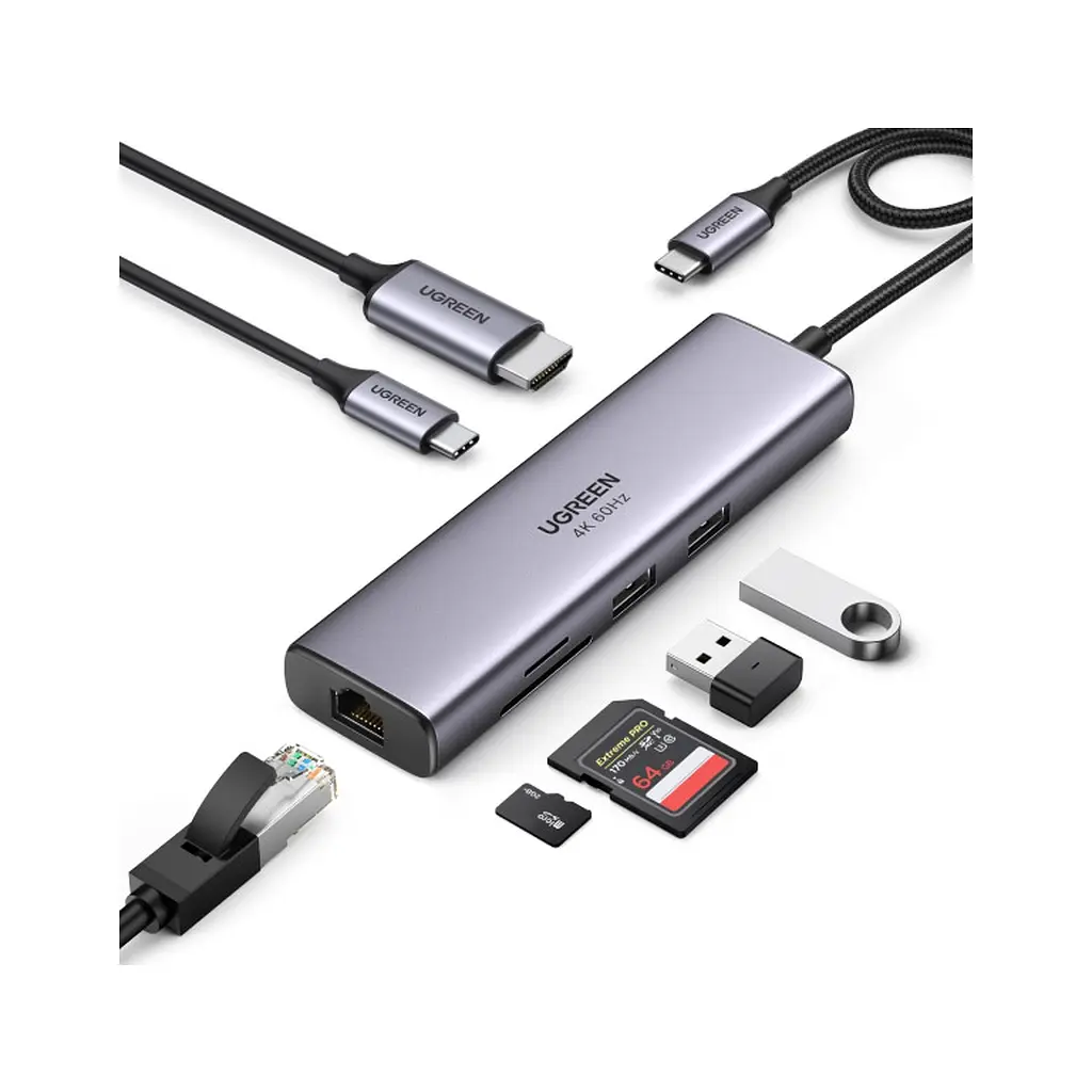 Концентратор Ugreen USB3.1 Type-C to HDMI/USB 3.0x2/RJ45/SD/TF/PD 100W CM512 (60515) - фото 2