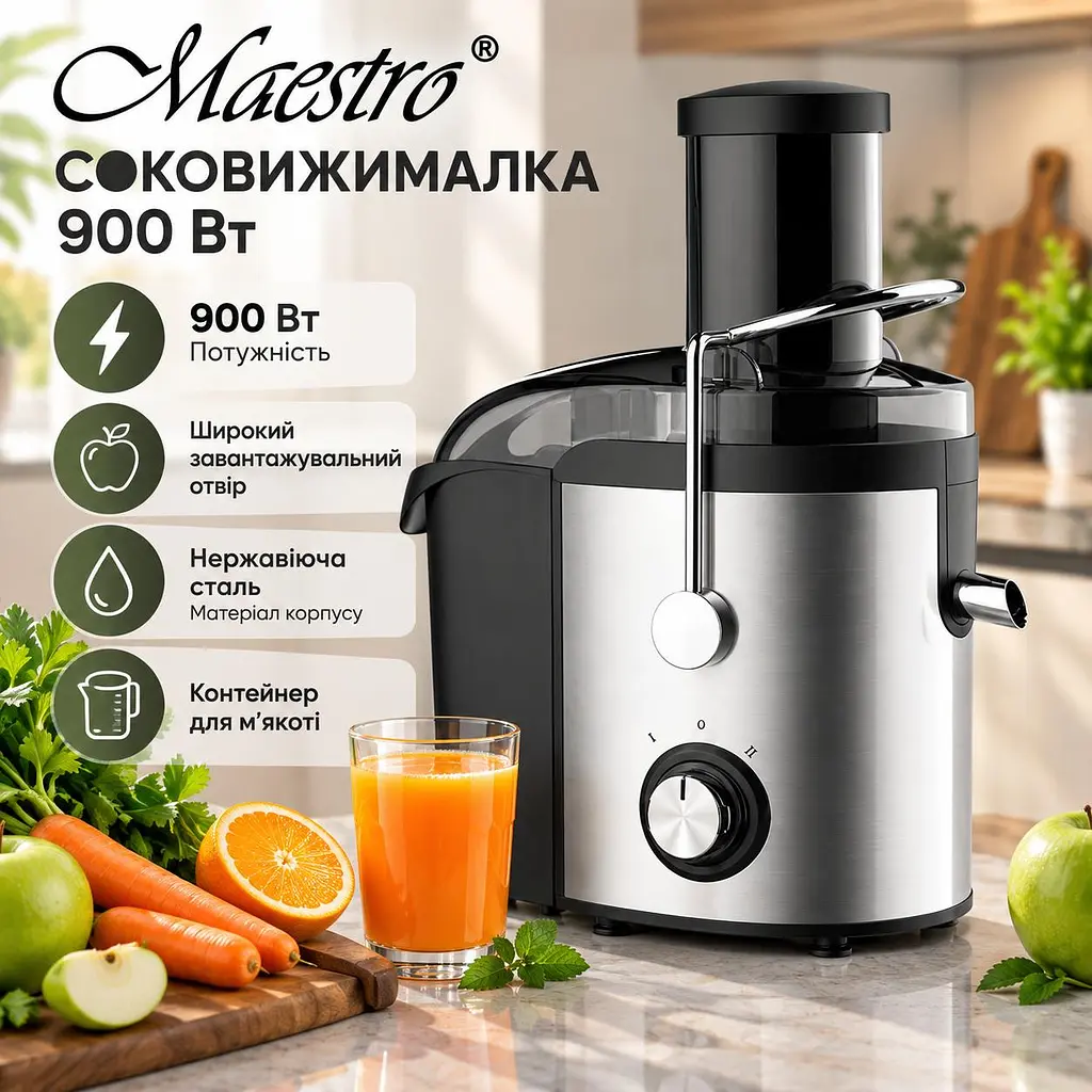 Соковыжималка электрическая центробежная центрифуга контейнер для мякоти 1.7 л горловина 75 мм Maestro MR-805 сокочавница с чашей для отжима сока на 1.1 л 800-900 Вт Серебристый с черным - фото 3