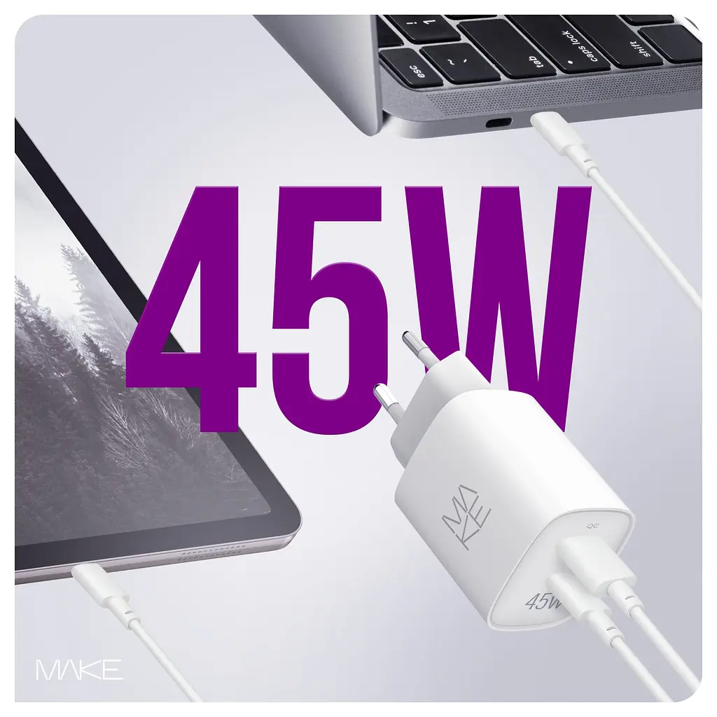 Зарядний пристрій мережевий MAKE 45W GaN3 Mini Type-C PD + USB QC4.0 White - фото 3