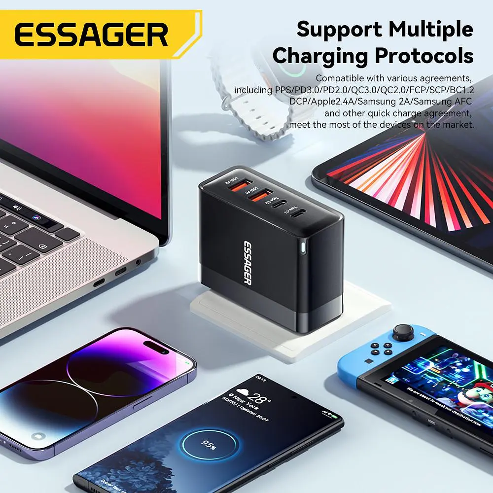Потужний Зарядний Пристрій 100W з Кабелем Essager GaN2 Pro QC PD 20V 5A Зарядка 100 Вт Блок живлення Type c Зарядка 100W - фото 8