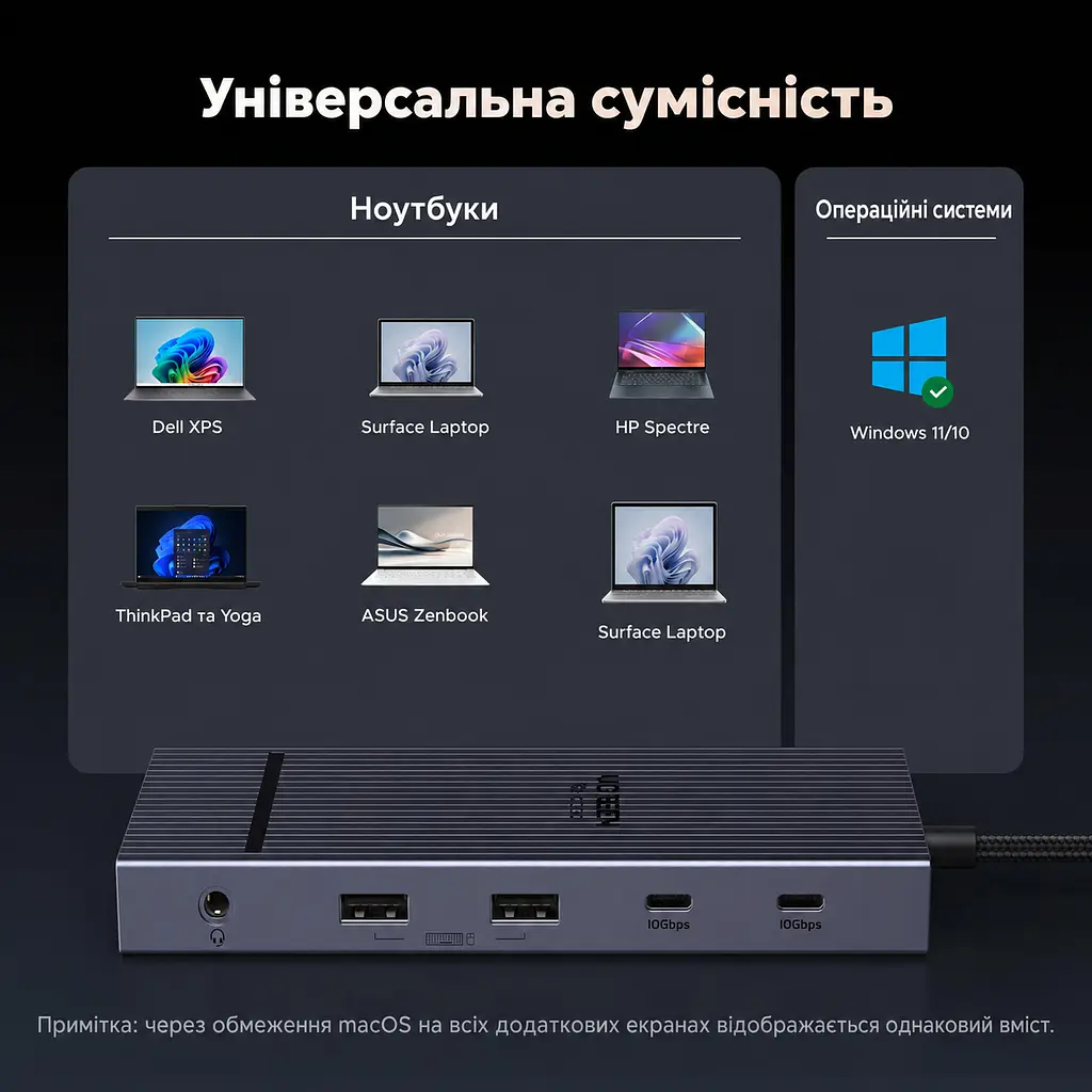 Док-станція USB-C UGREEN Revodok Pro CM886 12-в-1 2 HDMI 2.0 та DisplayPort 1.4 для одного дисплея DP до 4K 120 Гц або HDMI до 4K 60 Гц до трьох дисплеїв macOS однакове зображення на зовнішніх екранах потрібен USB-C з DP Alt Mode 2 USB-C 3.2 Gen2 до 10 Гбіт/с лише дані та 2 USB-A 2.0 вхід USB-C PD 100 Вт ноутбук до 85 Вт із зарядним пристроєм PD 100 Вт і кабелем 100 Вт RJ45 до 1000 Мбіт/с SD/microSD до 170 МБ/с аудіовихід 3,5 мм кабель 40 см космічний сірий (55767) - фото 12