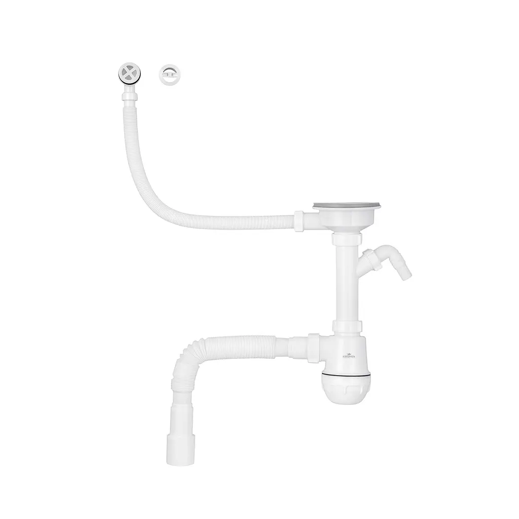 Сифон для кухонної мийки Kroner KRP KS02R-1WHI 3 1/2"×40/50 мм з відведенням для пральної машини, з круглим переливом CV034318