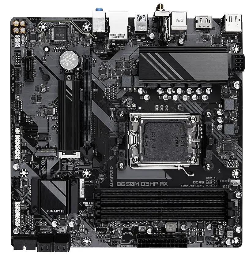 Материнская плата AM5 Gigabyte B650M D3HP AX, B650, 4xDDR5, Int.Video (CPU), 4xSATA3, 2xM.2, 1xPCI-E 4.0 x16, 1xPCI-E 3.0 x1, Realtek 7.1, Realtek 2.5Gb, WiFi 6E, Bluetooth 5.3, 7xUSB3.2/6xUSB2.0, HDMI/2xDP, MicroATX - фото 4