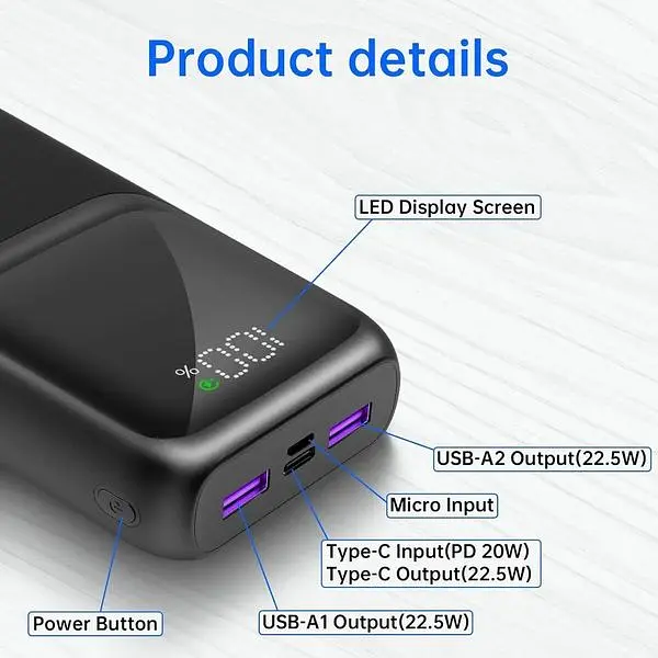 Портативний зарядний пристрій 10000 mAh-20000 mAh 22,5 Вт PD & QC 3.0 швидка зарядка 3 виходи 2 входи - фото 6