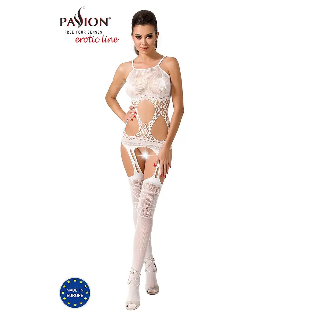 Бодістокінг Passion BS047 white, комбінезон, імітація топа, панчіх і пояса - фото 2