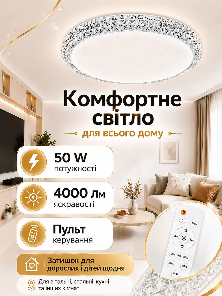 Стельова LED-люстра кругла біла 50 W 50 см з пультом, димером і нічником (49675914) - фото 2