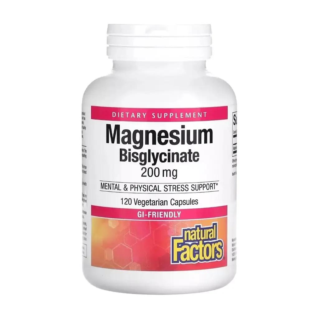 Мінерали Natural Factors Магній Бісгліцинат, 200 мг, Magnesium Bisglycinate, 120 вегетаріанськ (NFS-01641)