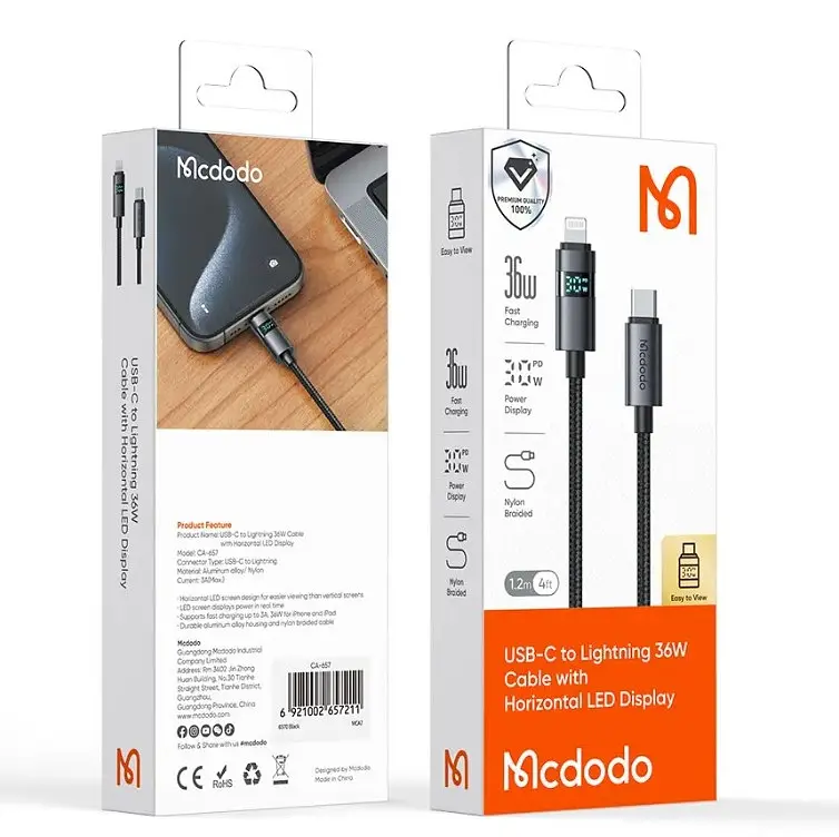 Кабель Mcdodo Horizontal LED Display 36W USB-C to Lightning Data Cable 1.2 м CA-6570 Чорний - фото 2