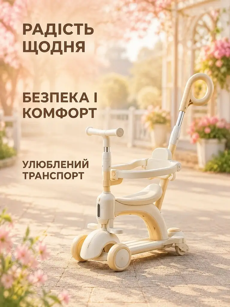 Дитячий самокат-трансформер 5в1 молочний із сидінням і батьківською ручкою (49675954) - фото 8
