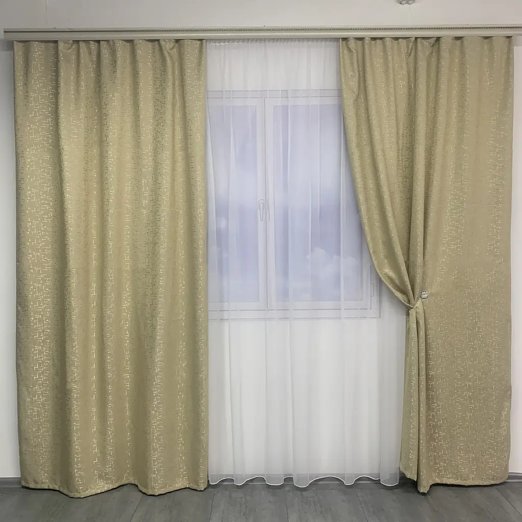 Льняні мармурові блекаут штори золотистого кольору 2шт. 150х270 з білим шифоновим тюлем 400х270, на т ALBO pbe0052664 - фото 3