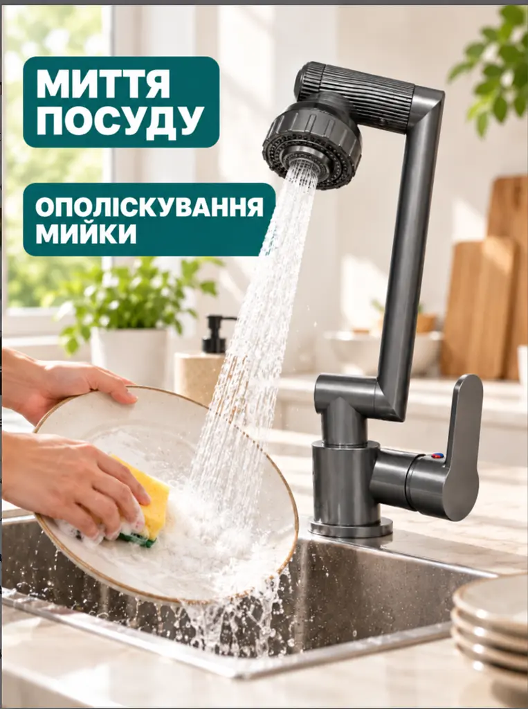 Змішувач для кухні з поворотним виливом і душовою лійкою, 2 режими, графітовий (27481360) - фото 6