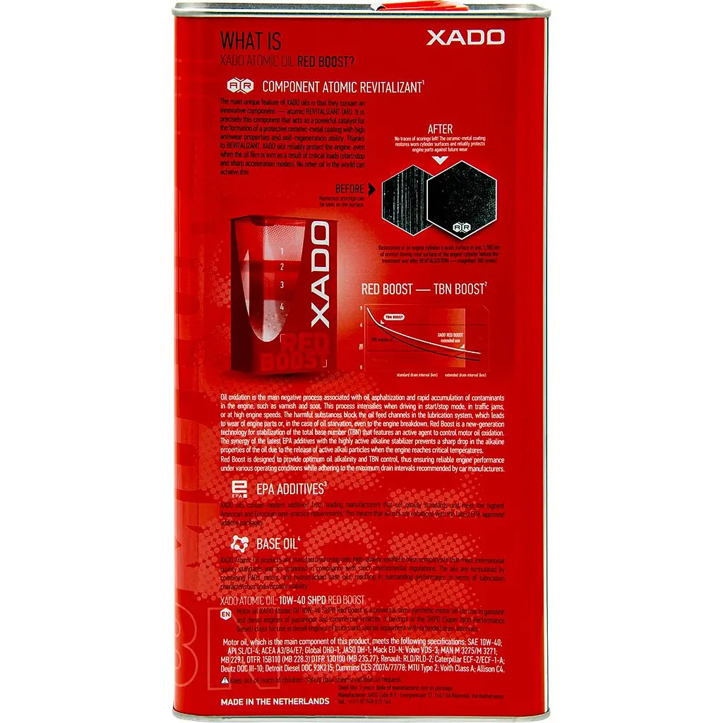 Моторное масло XADO 10W-40 SHPD SL/CI-4 Red Boost полусинтетическое 5 л - фото 3