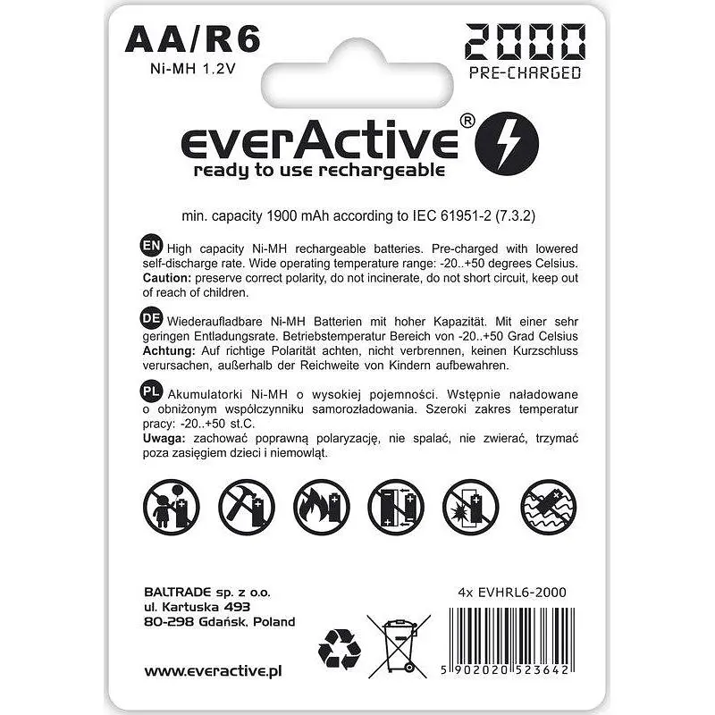 Акумуляторні батарейки EverActive AA/HR06 Ni-MH 2000mAh BL 4 шт. - фото 2