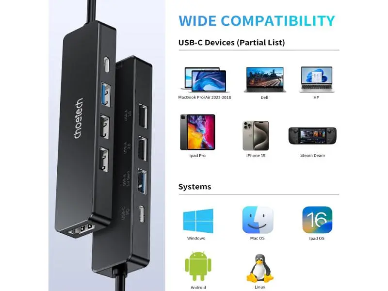 USB-хаб Choetech HUB-M80-BK 5-in-1 Black - фото 5