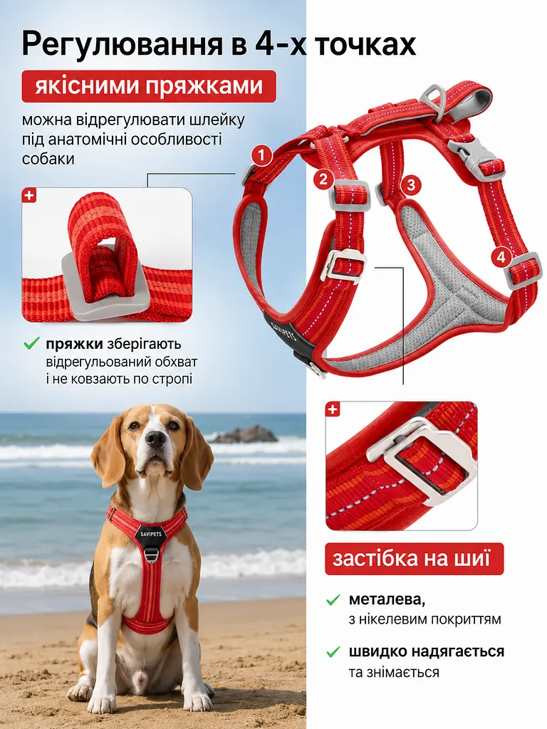 Шлея для собак Duomm No-Pull з повідцем, регульована та світловідбивна червоний, M - фото 3