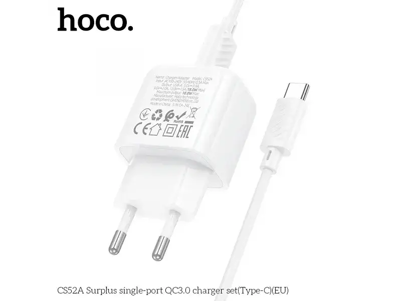 Мережевий зарядний пристрій Hoco CS52A Surplus QC3.0 Type-C cable White (6942007631471) - фото 2