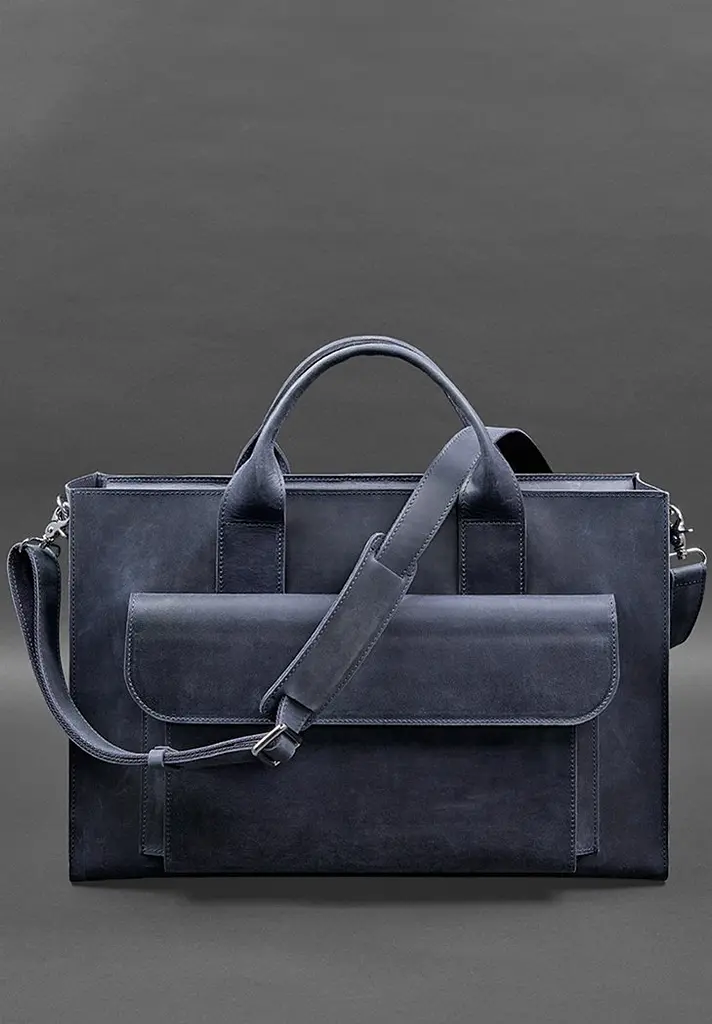 Кожаная сумка для ноутбука и документов Универсальная синяя Crazy Horse - фото 2