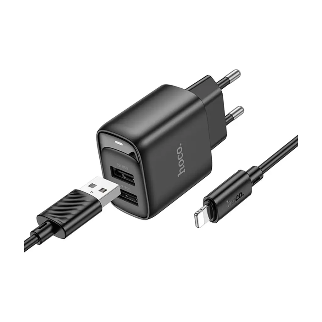 Зарядний пристрій HOCO C141A 2xUSB + cable USB to Lightning black (6942007627863)