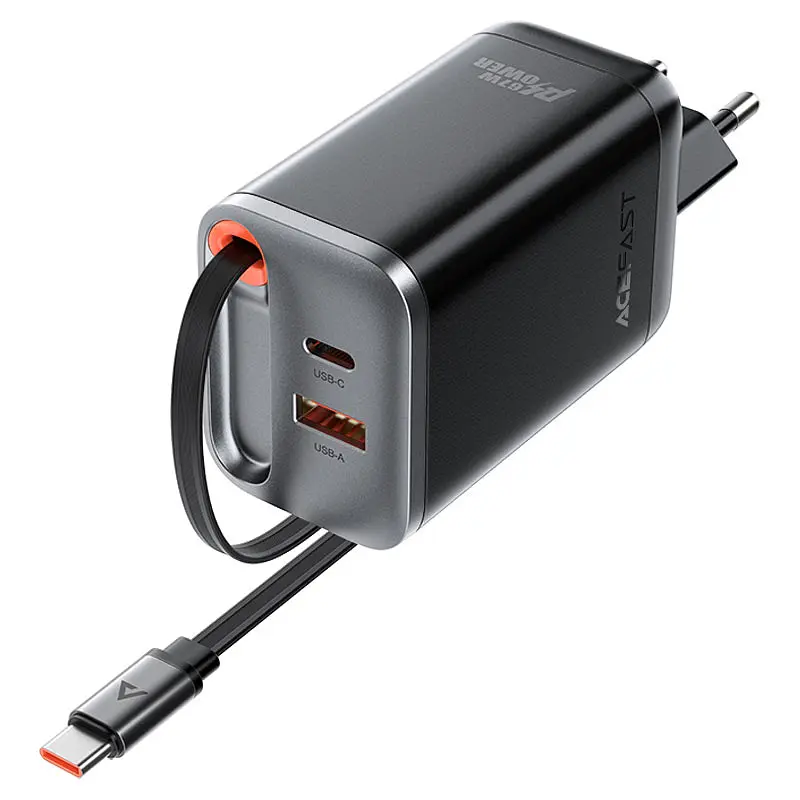 Мережевий зарядний пристрій з кабелем ACEFAST A111 PD67W GaN charger(2*USB-C+USB-A) with retractable cable Black (6974316284062) - фото 3