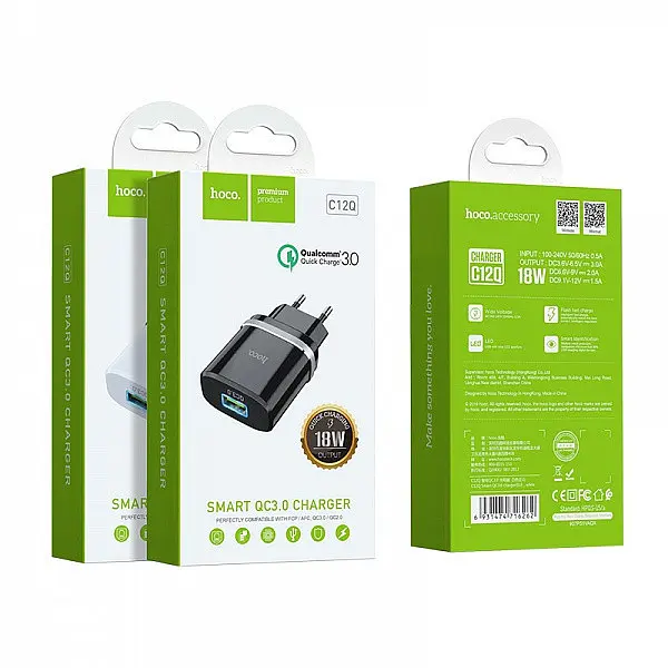 Сетевое зарядное устройство 1 USB Hoco C12Q Smart QC 3.0 3A Black - фото 3