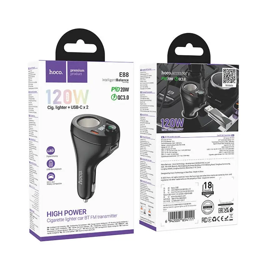 FM-трансмітер Hoco E88 Star 35W(2C) cigarette lighter car BT FM transmitter Чорний - фото 2
