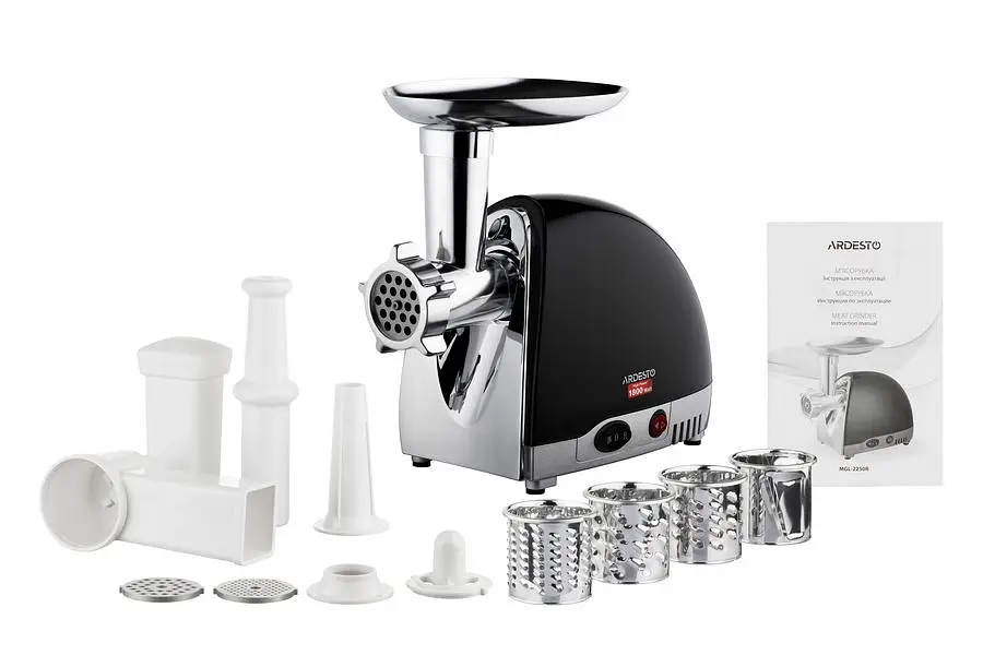 М'ясорубка Ardesto MGL-2250R Black, 1800W, 3 диски, реверс, насадки для терки/шинкування /2і1, для домашніх ковбас, для кеббе, продуктивність 2 кг/хв, реверс - фото 2