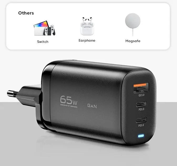 Блок зарядный сетевой адаптер Essager Shining 65W 3 порта 2 Type-c + USB-A черный - фото 5