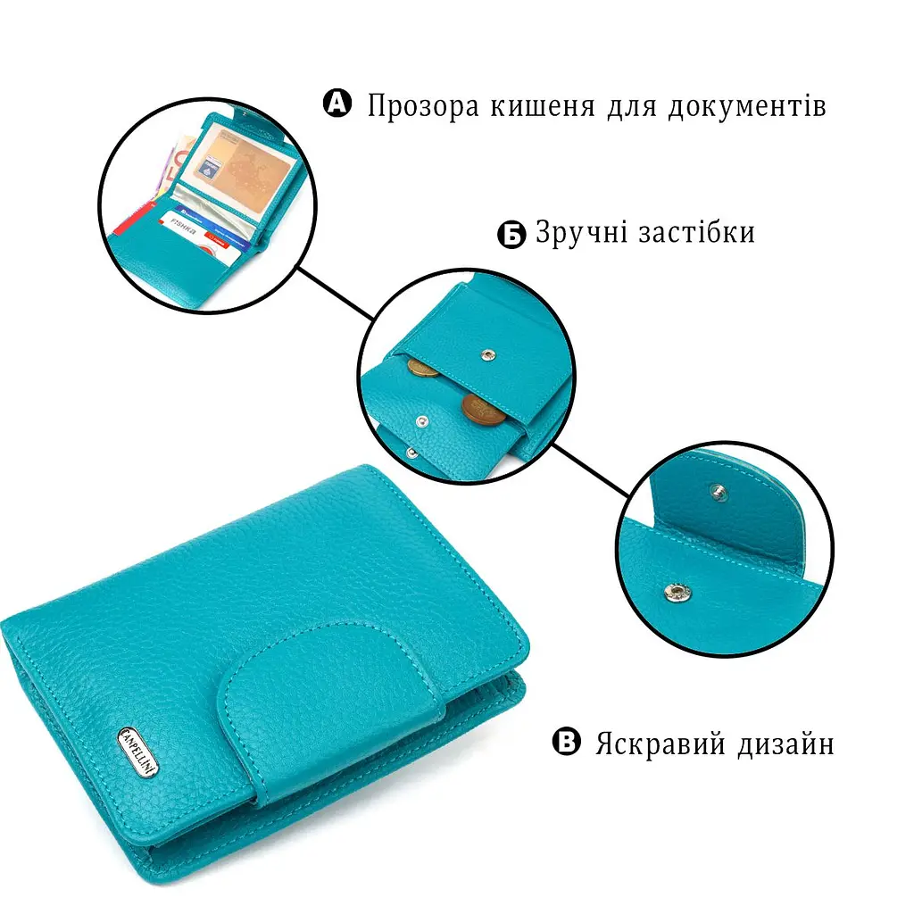 Яскравий вертикальний гаманець із натуральної шкіри Canpellini 21678 бірюзовий - фото 4