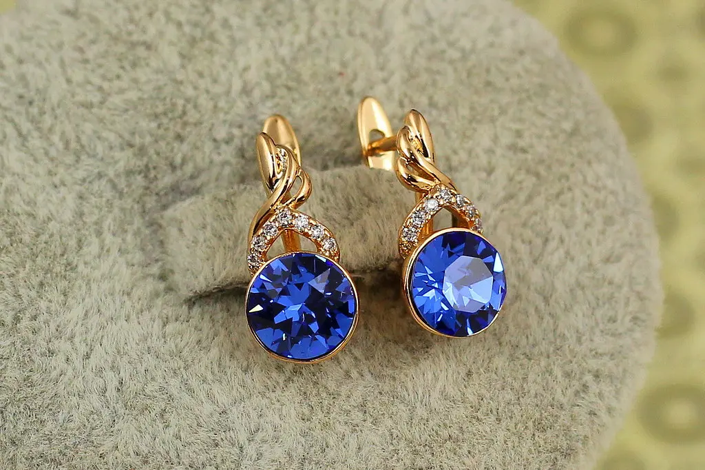 Сережки підвіски Xuping Jewelry Сваровські флакон із яскраво-синіми каменями 1,6 см золотисті