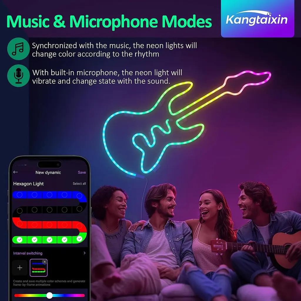 Kangtaixin 3.3FT/1M Світлодіодні неонові мотузкові світильники, RGB LED Strip Lights Керування застосунком, синхронізація музики - фото 2