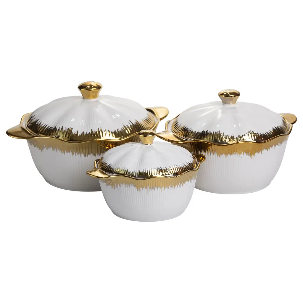 Набор фарфоровых супниц 3 (шт) 0.8/1.8/2.5 (л) с крышкой и ручками для дома и ресторана Золотистый Yiwu XYL216-4A - фото 2