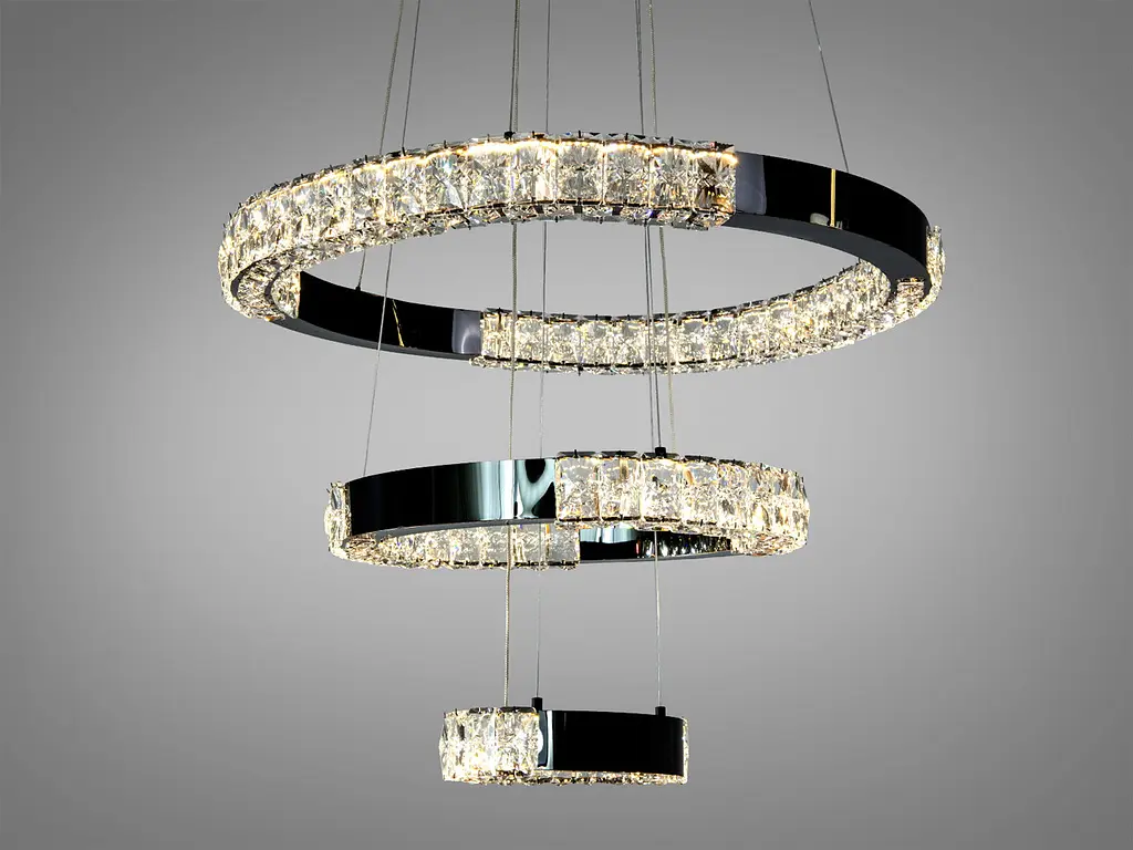 Підвісна LED люстра Diasha 7968/600+400+200BHR хром із трьома кришталевими кільцями та пультом - фото 2