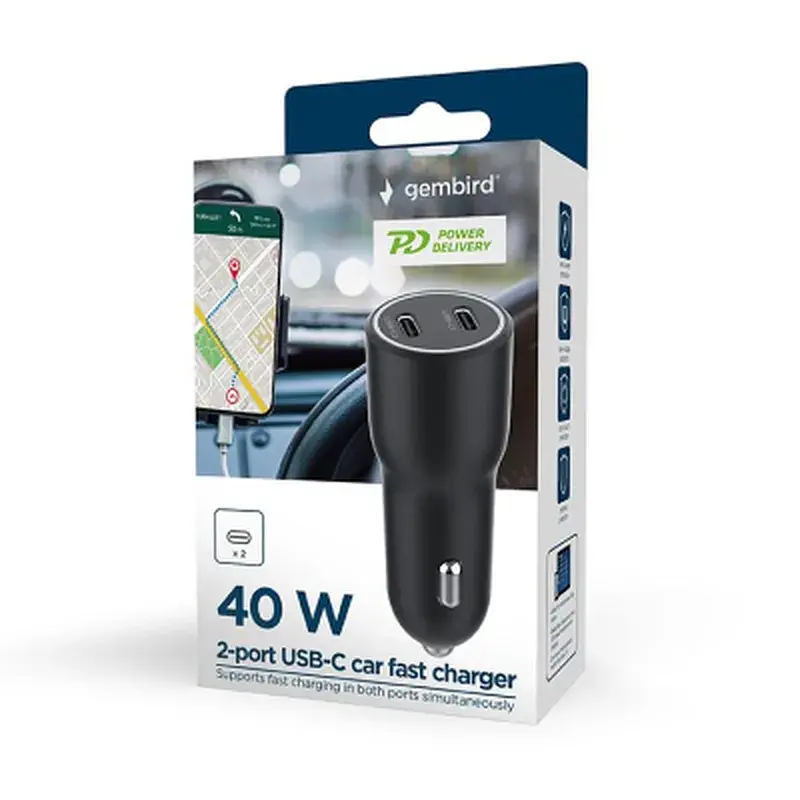 Зарядний пристрій Gembird 2xUSB-C (PD 20W) black (TA-UC-C2PD40-CAR-01) - фото 7