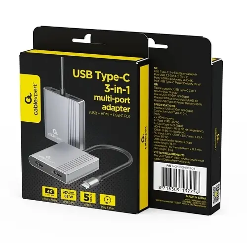 Хаб USB A-CM-COMBO3-04, Grey, Type-C 3.2 - 1xType-C 3.2 (85 Вт) / USB 3.2 / 2xHDMI 4K 30 Гц Gembird teh0027592 - фото 5